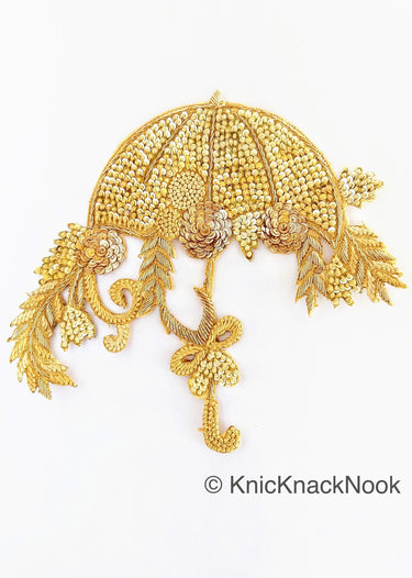 Hand Embroidered Umbrella Applique With Zardozi And Gold Sequins Embroidery, Appliqué Patch, Tan Brown Indian Motif